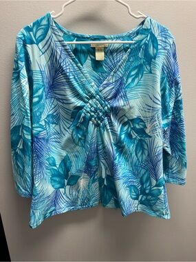Caribbean Joe Teal and Aqua Tropical V-Neck Pullover
